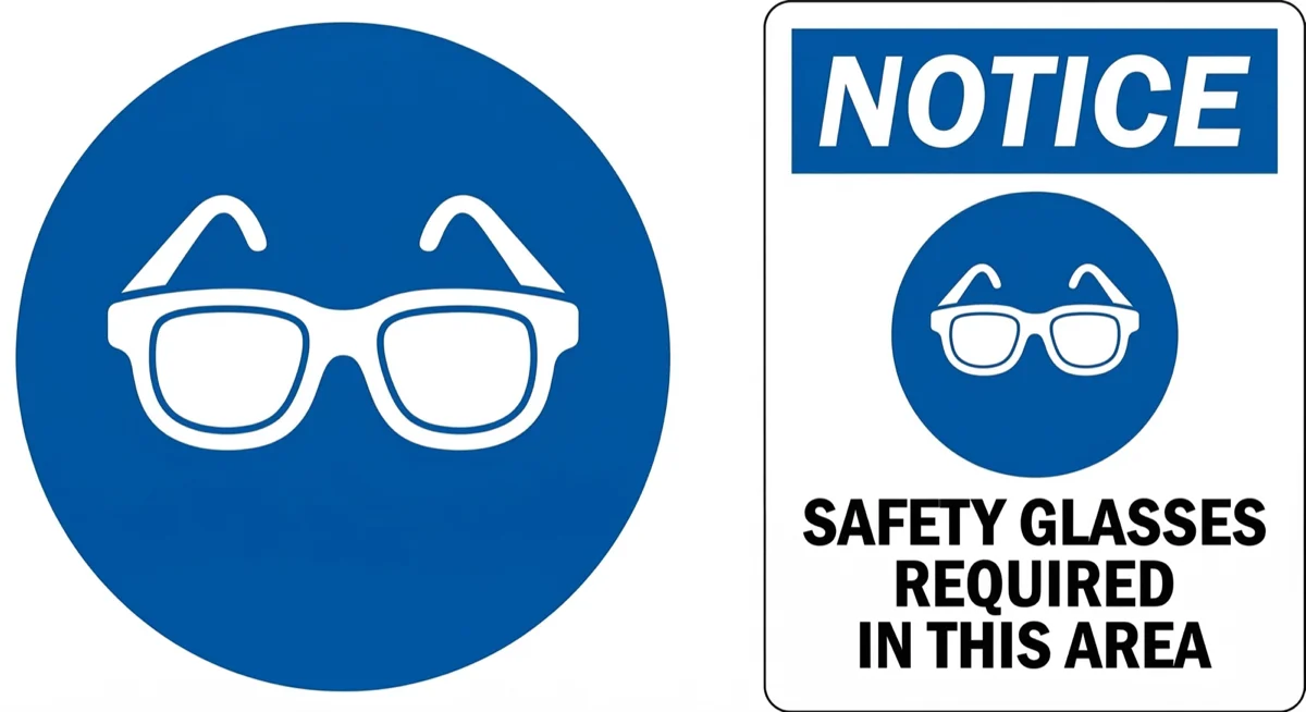 Side-by-side comparison: ISO 7010 M004 eye protection symbol (blue circle, symbol only) next to an ANSI Z535 notice sign with the same symbol plus text reading Safety Glasses Required In This Area