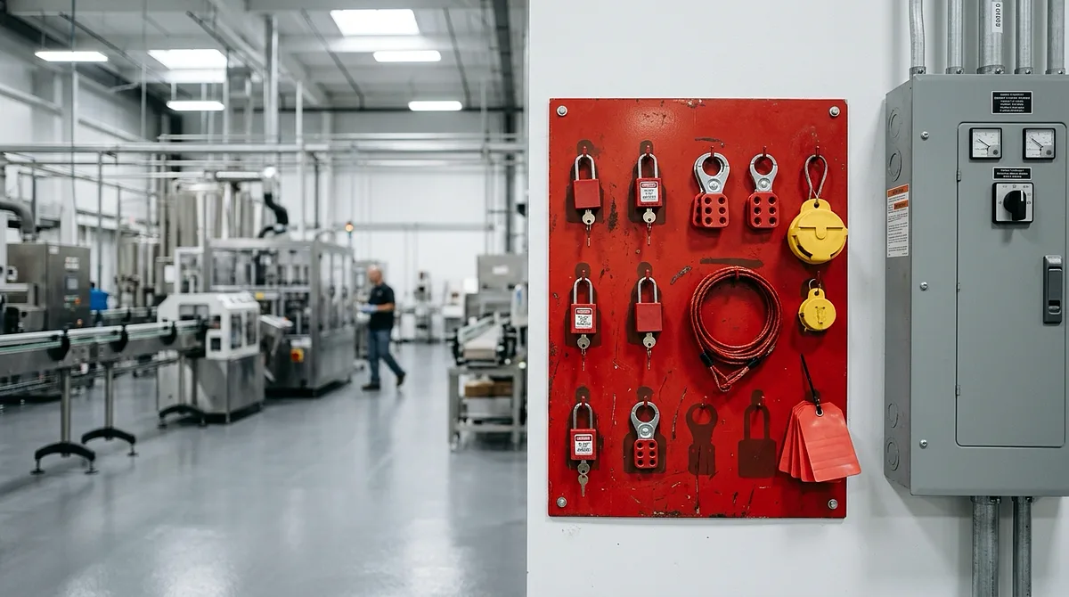 Red wall-mounted lockout station stocked with rows of safety padlocks, lockout hasps, valve and plug lockouts, and red warning tags in an industrial plant