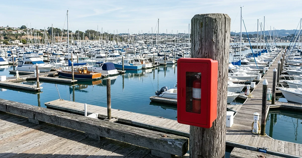 A red weatherproof fire-extinguisher cabinet with a clear window mounted on a weathered wooden piling on a recreational marina dock, rows of moored boats and calm harbor water behind under clear daylight