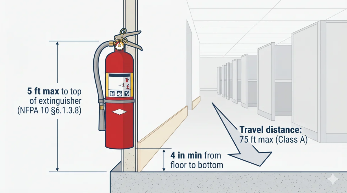 Cross-section diagram of a wall-mounted ABC fire extinguisher in a commercial corridor, with NFPA 10 callouts showing the 5-foot maximum mounting height to the top of the extinguisher (per §6.1.3.8), 4-inch minimum floor clearance from floor to bottom, and 75-foot maximum travel distance for Class A hazards.