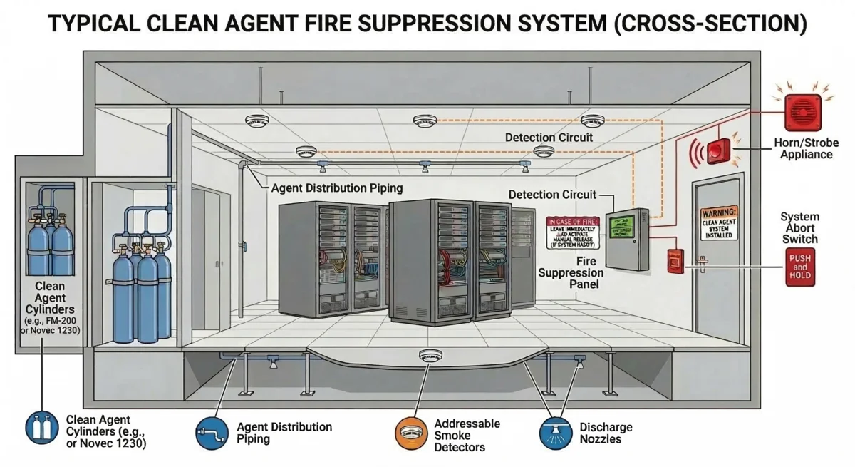 Cross-section diagram of a data center server room with a clean agent fire suppression system showing clean agent storage cylinders connected by distribution piping to ceiling discharge nozzles, cross-zoned smoke detection circuits, a fire suppression releasing panel, warning signs at the entrance, a horn and strobe appliance outside the room, and a system abort switch near the exit