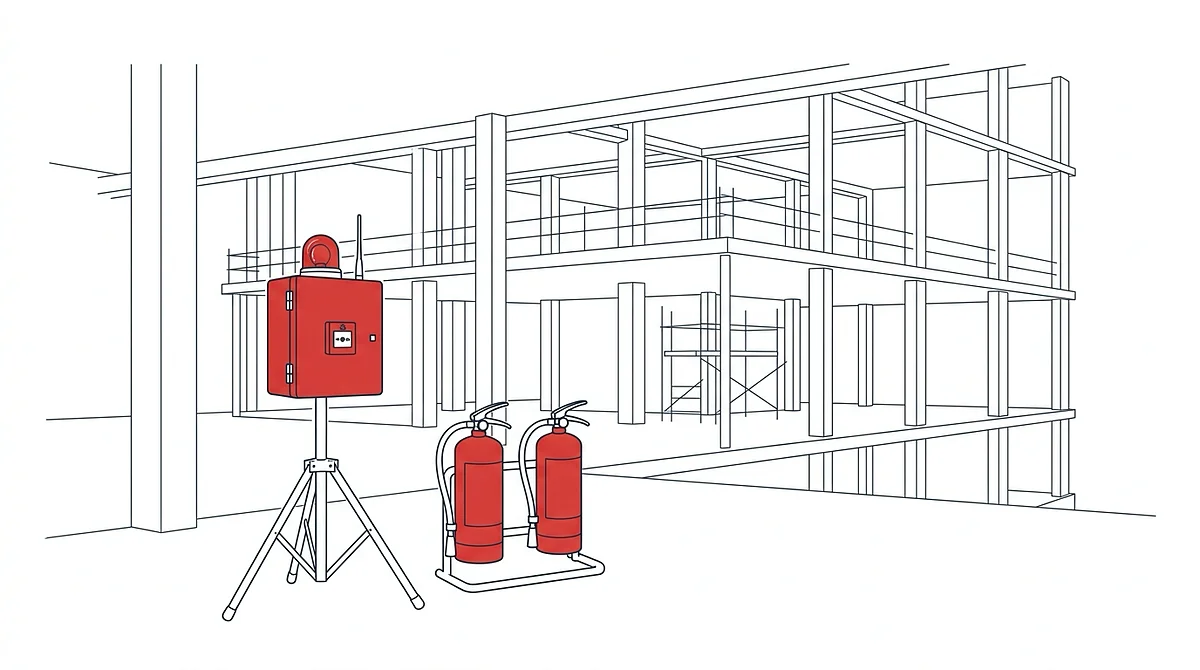Line drawing of construction-site fire safety equipment on the open floor of a building under construction: a red temporary fire alarm unit with a strobe light and manual call point on a tripod stand, and two red fire extinguishers on a floor stand, in front of an exposed multistory structural frame