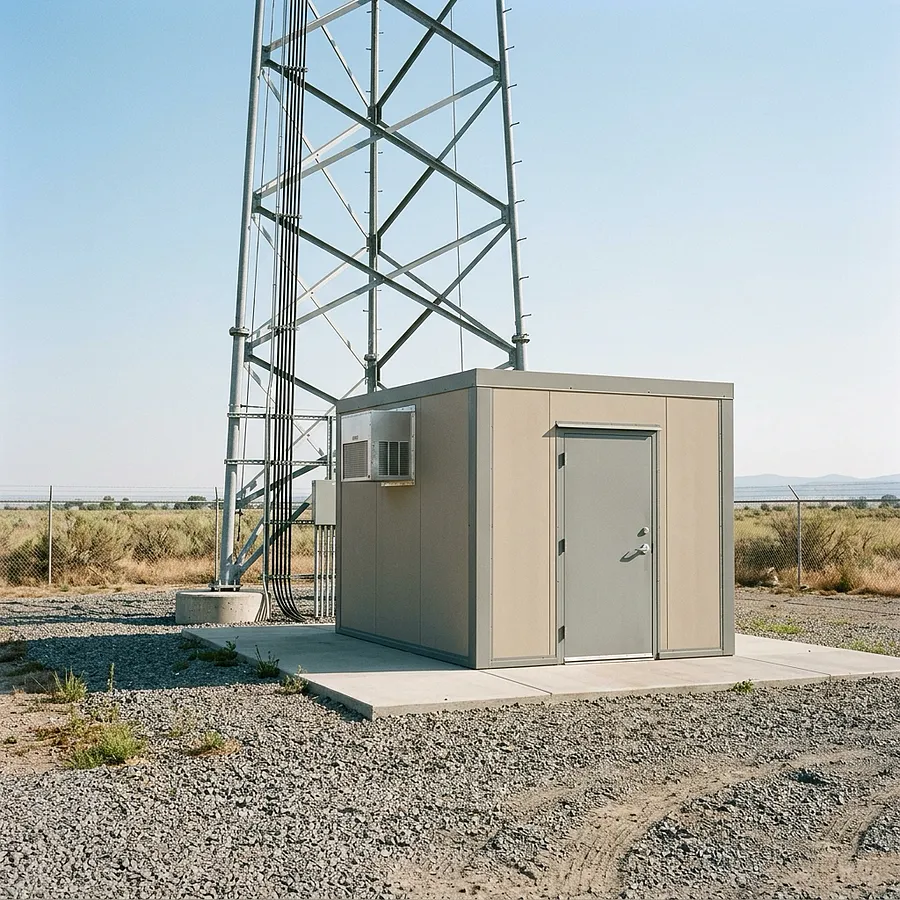 Small windowless prefabricated telecommunications equipment shelter at the base of a tall steel lattice communications tower on a gravel pad