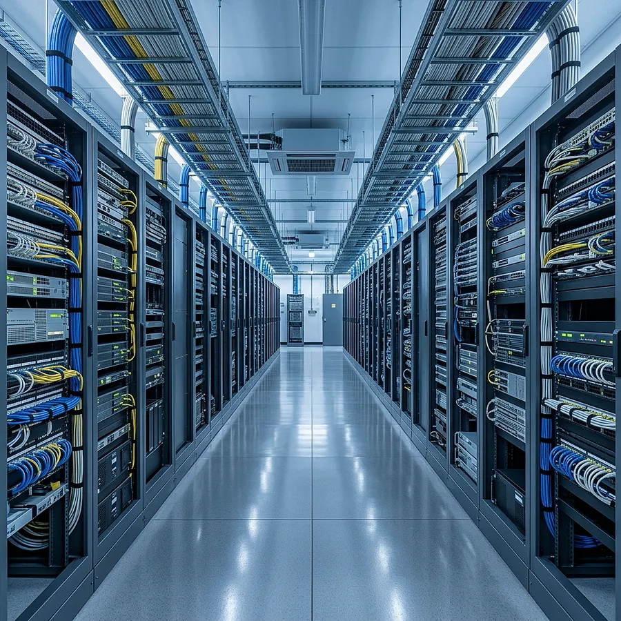 Aisle inside a telecommunications central office equipment room lined with tall equipment frames, bundled cabling, and overhead cable trays