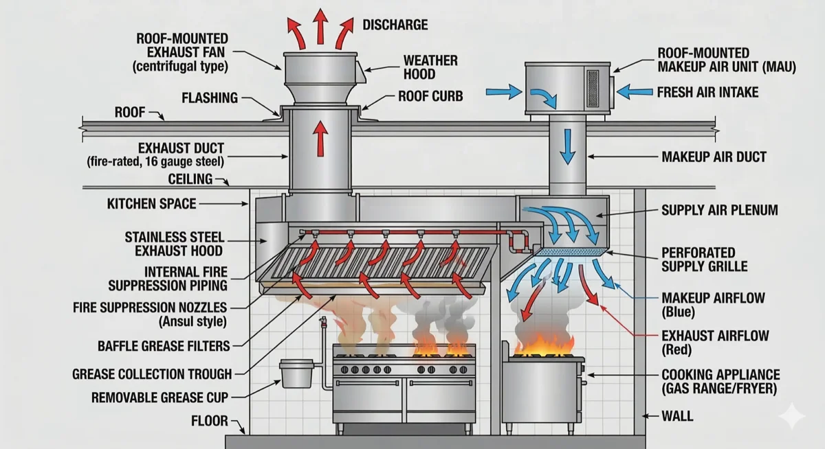 Cross-section diagram of a commercial kitchen exhaust system showing the stainless steel exhaust hood with baffle grease filters, internal fire suppression piping with Ansul-style nozzles, grease collection trough, 16 gauge steel fire-rated exhaust duct rising through the ceiling to a roof-mounted centrifugal exhaust fan with weather hood and roof curb, and a separate roof-mounted makeup air unit feeding fresh air down through a supply air plenum and perforated supply grille back into the kitchen space. Red arrows show exhaust airflow path from cooking appliance up through the hood and out the roof. Blue arrows show makeup air flowing down from the MAU into the kitchen.