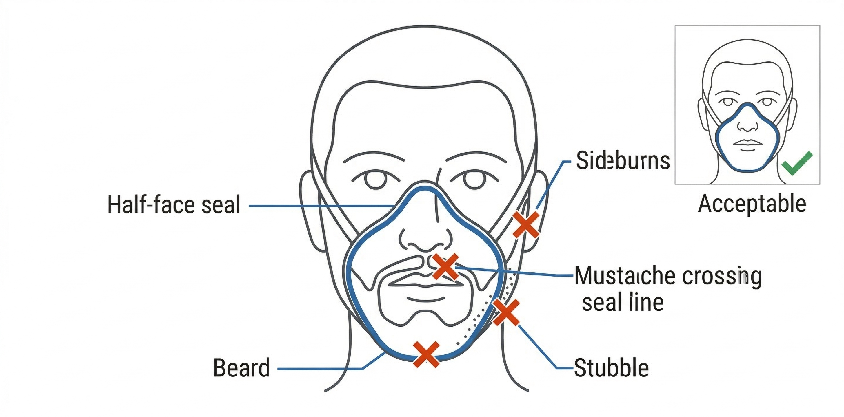 Diagram showing how facial hair breaks a half-face respirator seal: red X marks on beard, sideburns, stubble, and mustache crossing the seal line, with a green checkmark on a clean-shaven face as acceptable