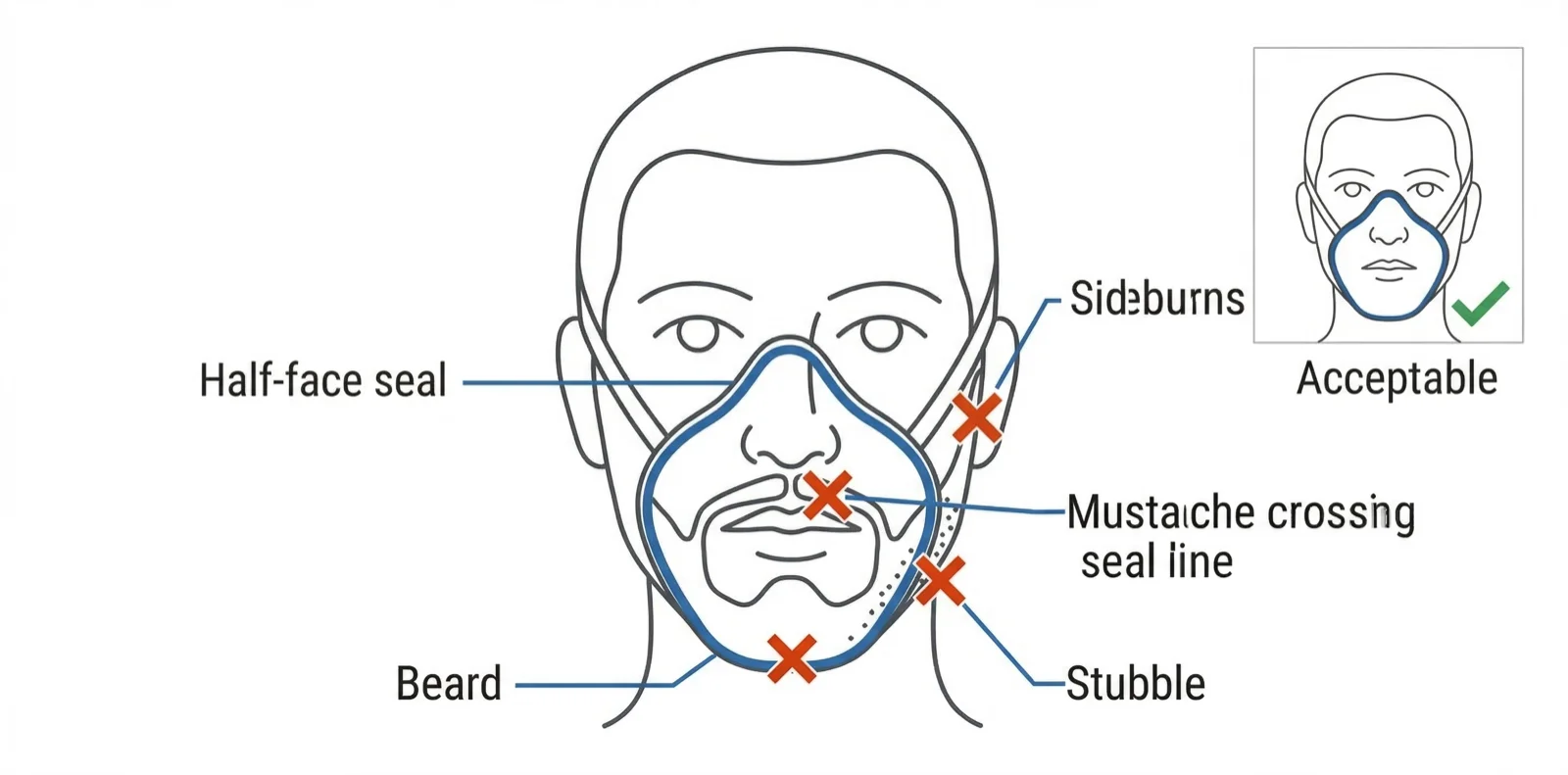 Diagram showing how facial hair breaks a half-face respirator seal: red X marks on beard, sideburns, stubble, and mustache crossing the seal line, with a green checkmark on a clean-shaven face as acceptable