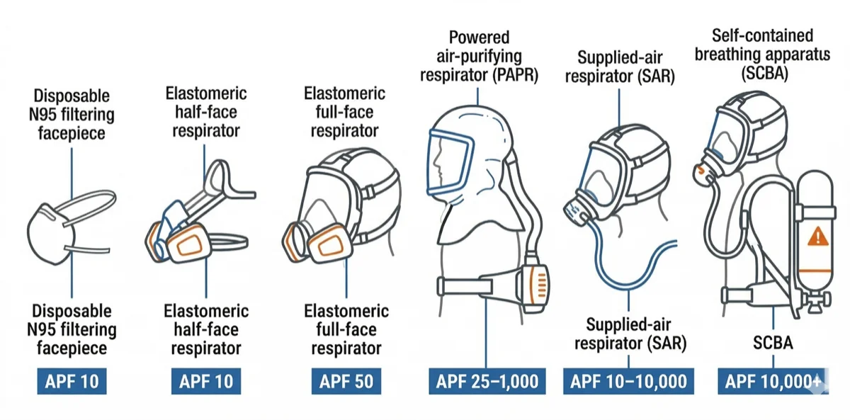 Six respirator types with OSHA Assigned Protection Factors: disposable N95 (APF 10), elastomeric half-face (APF 10), elastomeric full-face (APF 50), PAPR (APF 25–1,000), supplied-air respirator (APF 10–10,000), and SCBA (APF 10,000+)