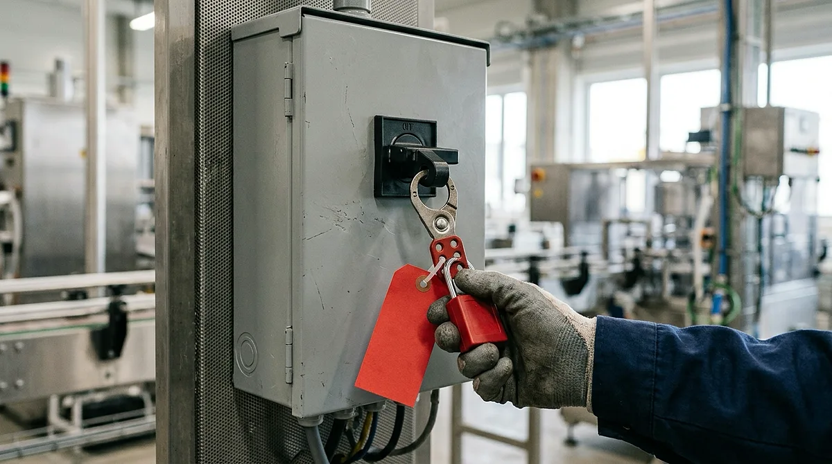 Gloved hand tug-testing a closed red safety padlock on a steel lockout hasp threaded through the off-position handle of an electrical disconnect, with a blank red tag attached