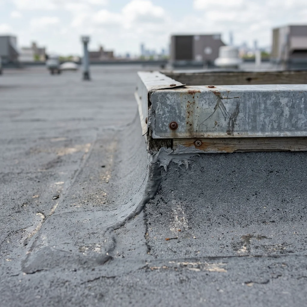 Close-up of a durable polyurethane-coated commercial roof surface at an equipment curb and metal flashing