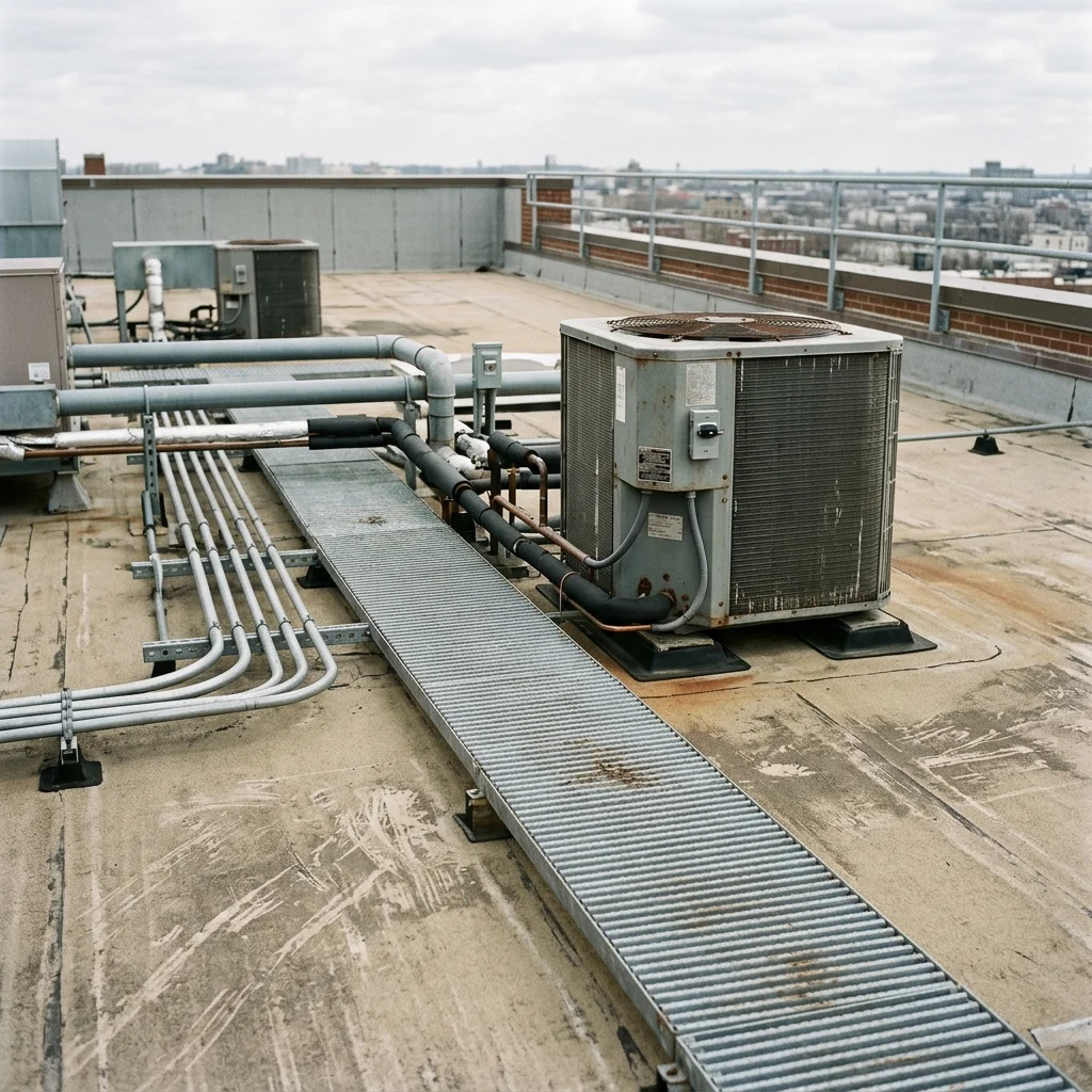 Rooftop HVAC equipment and a service walkway on a coated low-slope commercial roof
