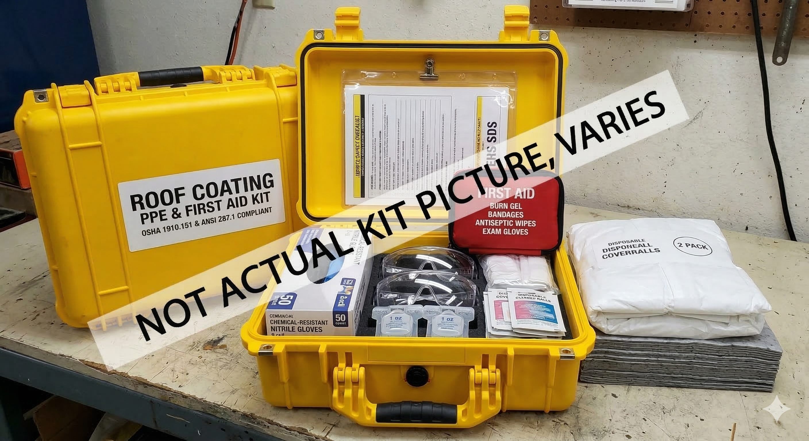 Roof coating PPE and first aid kit with nitrile gloves, safety goggles, eye wash pods, first aid pouch, coveralls, and cleanup pads