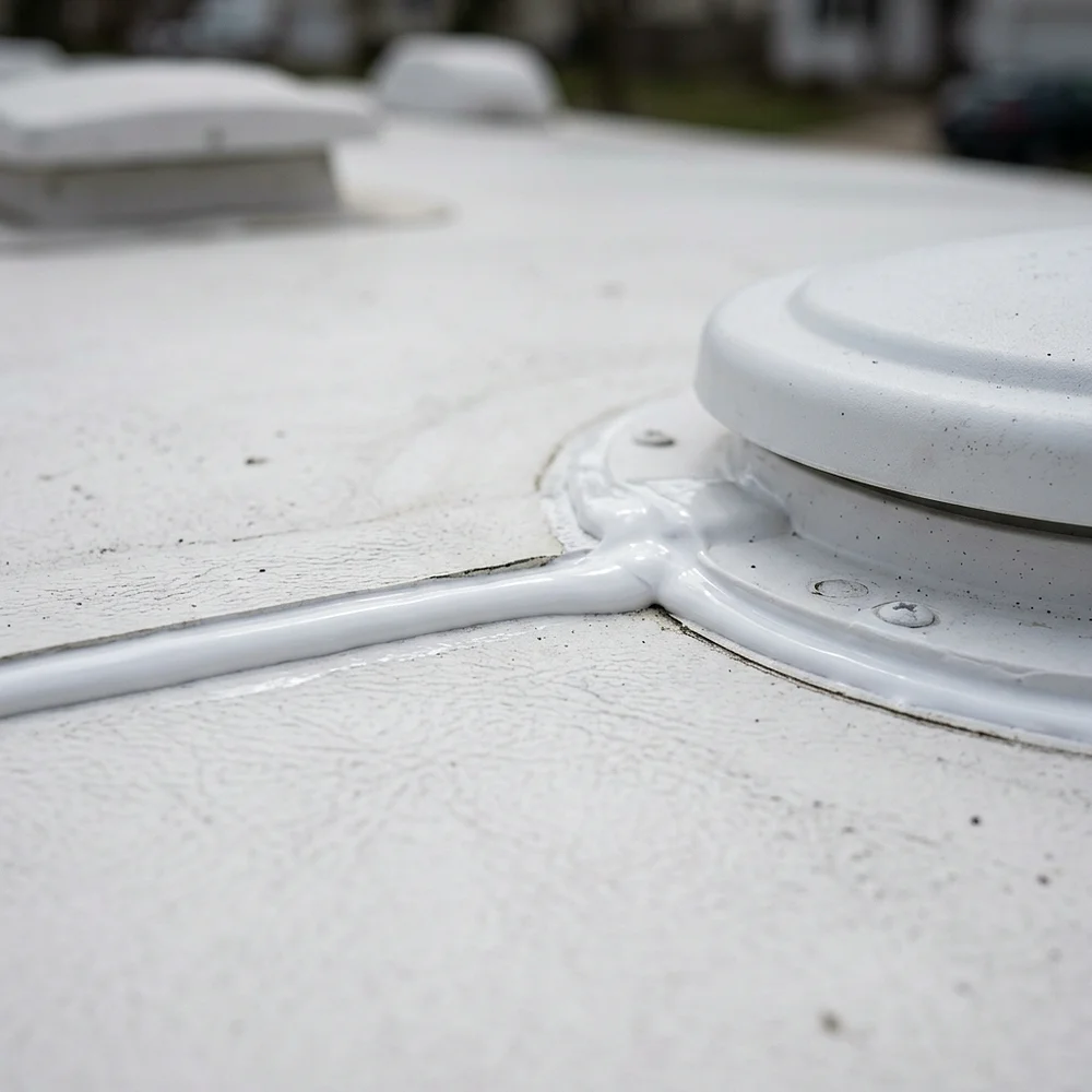 Close-up of a freshly tooled white sealant bead running along a seam and around a vent flange on a white rubber RV roof