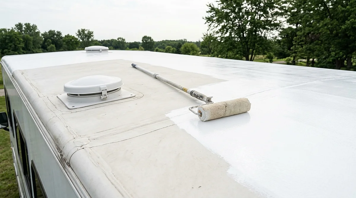 A paint roller on a long handle resting on the flat white roof of an RV beside a freshly coated bright-white section and a round roof vent