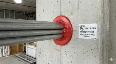Red firestop sealant around conduits through a concrete fire-rated wall with UL classified sticker