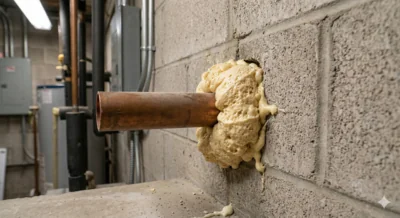 Expanding polyurethane foam around a pipe penetration through a block wall