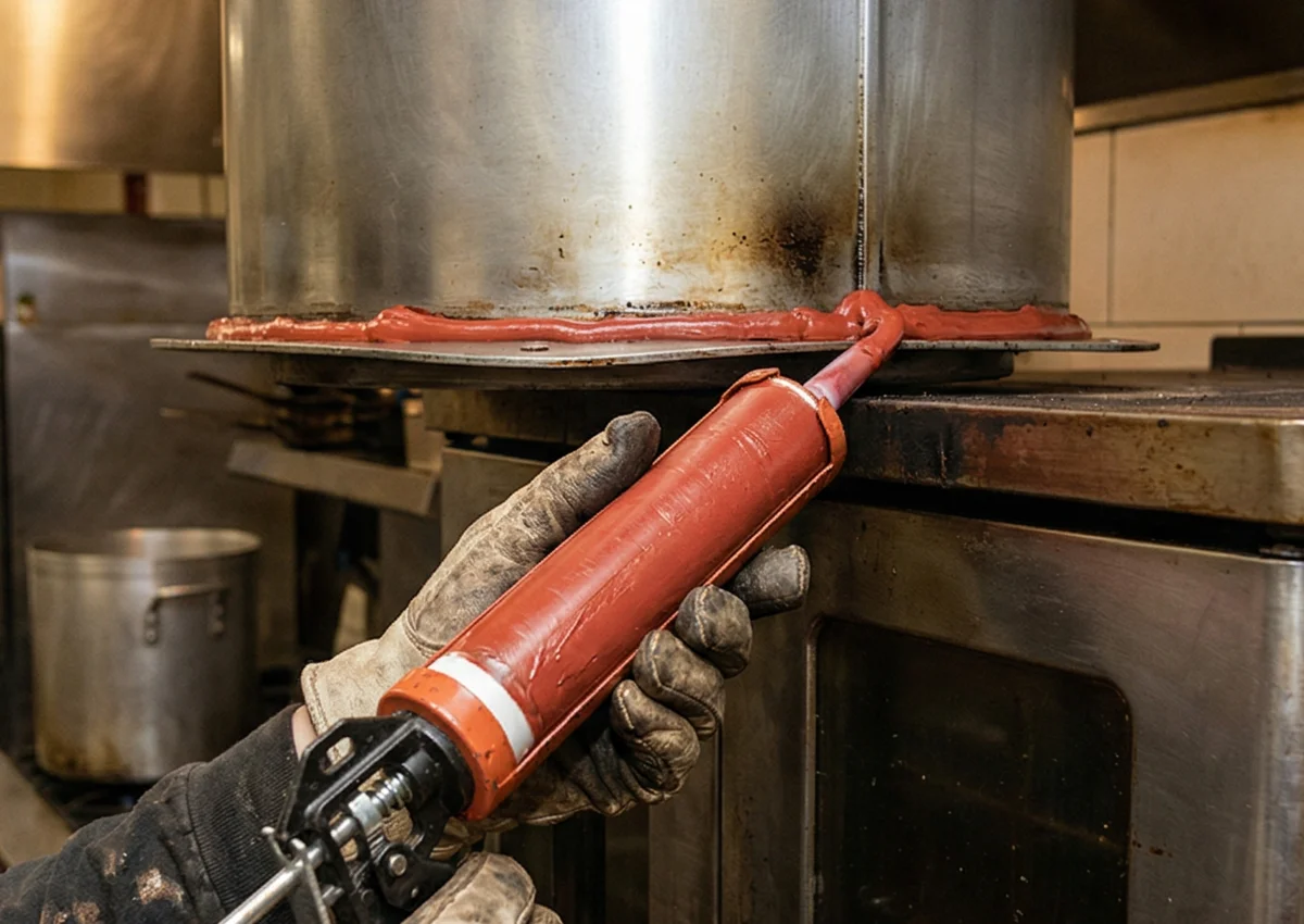 Gloved hand applying red high-temperature sealant from a caulk gun around a commercial kitchen stainless steel flue connection