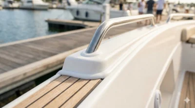 White MS polymer sealant on a boat deck railing base at a marina