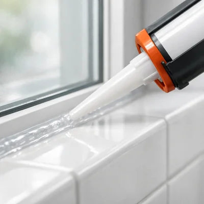 Clear silicone sealant being applied along a window frame joint