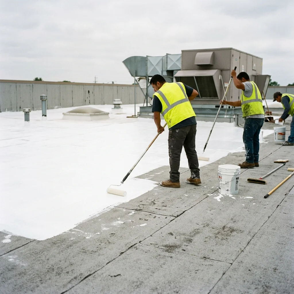 Commercial roofing crew applying white silicone roof coating with rollers on a flat low-slope commercial roof