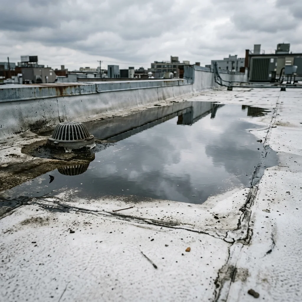 Ponding rainwater standing on a white silicone-coated flat commercial roof, reflecting the sky near a roof drain