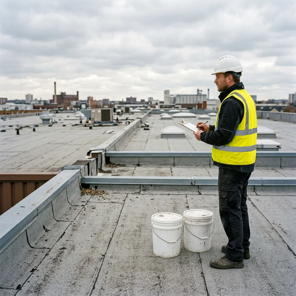 Commercial roofing contractor surveying a flat low-slope roof with white coating pails to compare silicone and acrylic