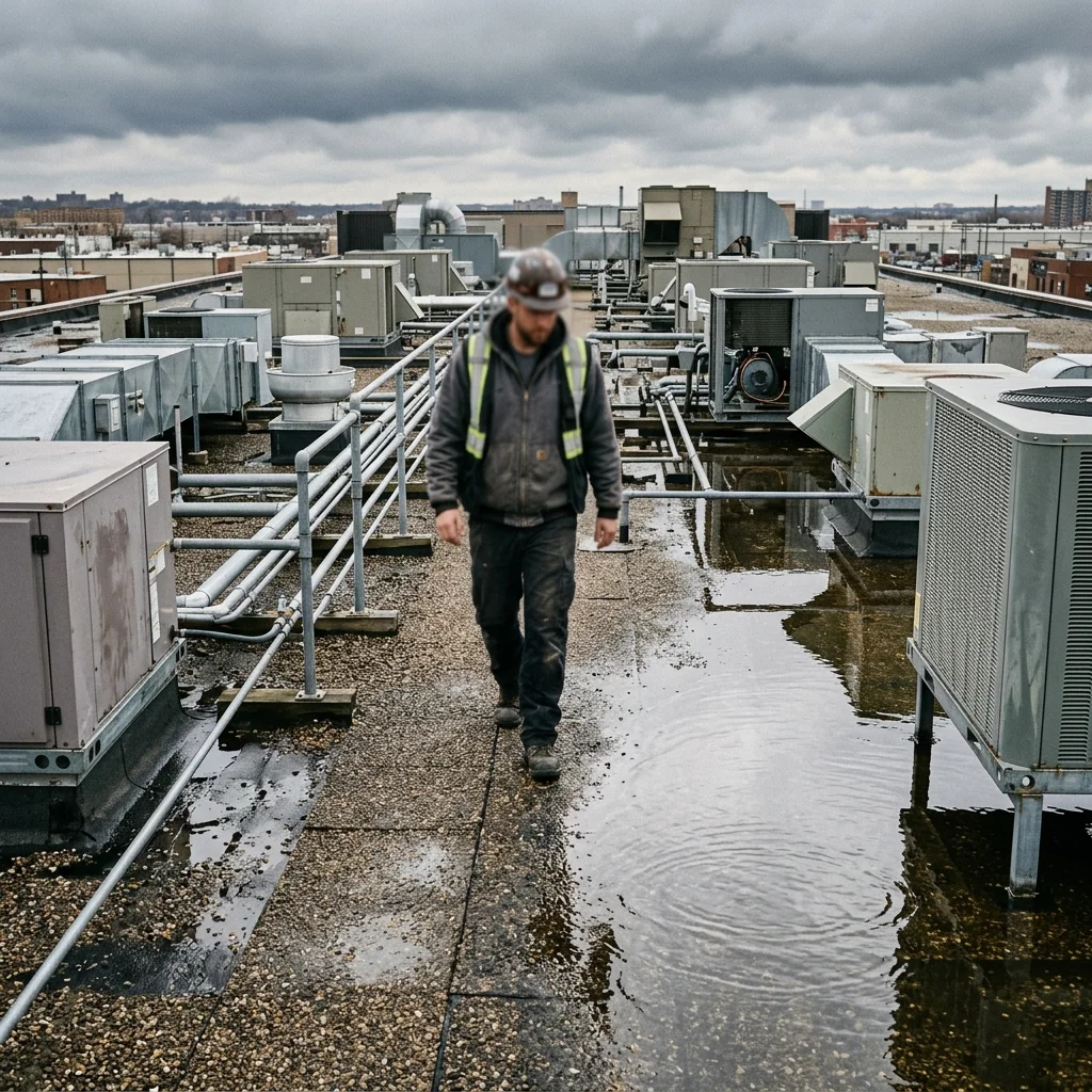 Roofing contractor evaluating a commercial roof crowded with HVAC equipment near a ponding-water area
