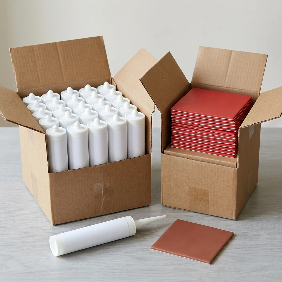 Sound wall compliance pack with a case of Everkem Sound Seal 90 acoustical sealant tubes and a case of red fire rated putty pads for electrical boxes