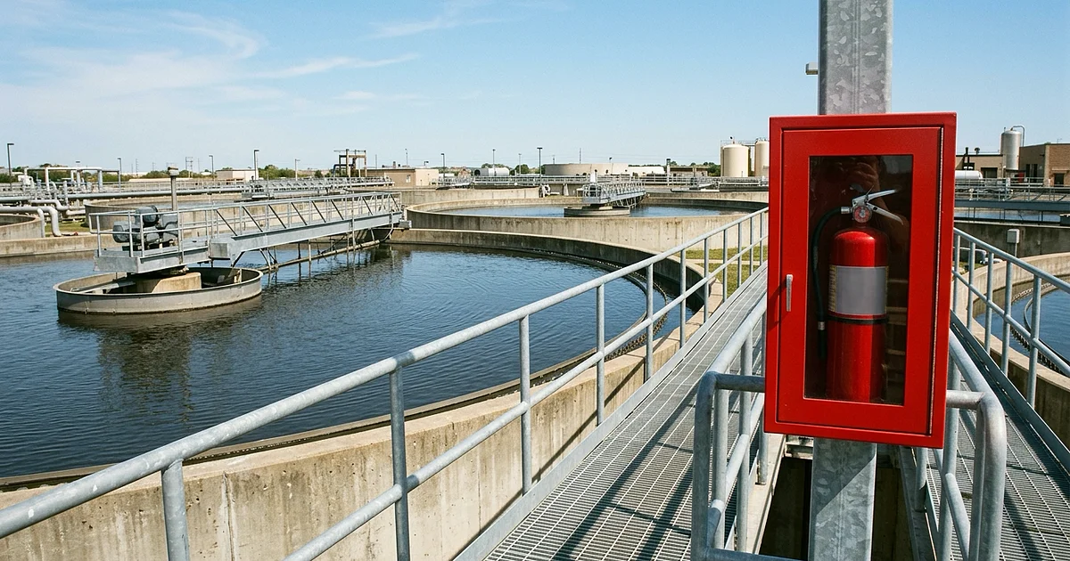 Red fire extinguisher cabinet with a clear window mounted on a galvanized steel post along a grated walkway railing at a municipal wastewater treatment plant, circular concrete clarifier tanks and process buildings in the background under a clear sky