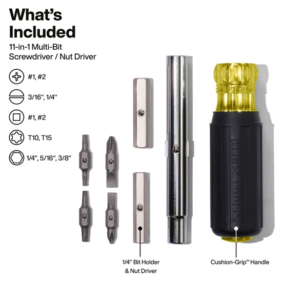 Klein Tools 32500 Multi-Bit Screwdriver / Nut Driver 11-in-1 Ph Sl Sq TORX Bits - Image 4
