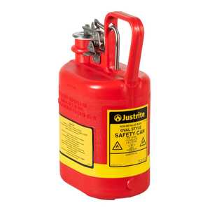 Justrite 1 Gallon Plastic Safety Can for Flammables, Oval, Flame Arrester, Stainless Steel Hardware, Red - 14160