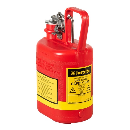 Justrite 1 Gallon Plastic Safety Can for Flammables, Oval, Flame Arrester, Stainless Steel Hardware, Red - 14160 - Image 1