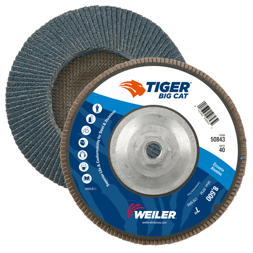 Weiler 7" Big Cat Abrasive Flap Disc, Flat (TY27), Phenolic Backing, 40Z, 5/8"-11 UNC Nut