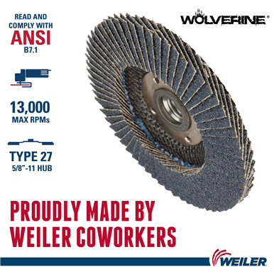Weiler 4-1/2" Wolverine Abrasive Flap Disc, Flat (TY27), Phenolic Backing, 60Z, 5/8"-11 UNC Nut - Image 3