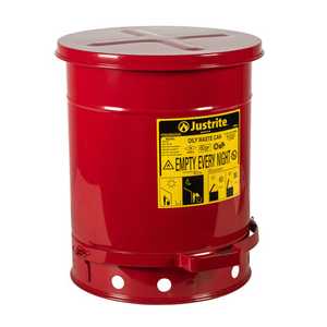 Justrite 10 Gallon, Oily Waste Can, Hands-Free, Self-Closing Cover, Red - 09300