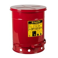 Justrite 10 Gallon, Oily Waste Can, Hands-Free, Self-Closing Cover, Red - 09300
