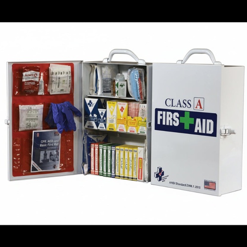 Certified Safety 75V Class A ANSI First Aid Kit – 3 Shelf Metal Cabinet