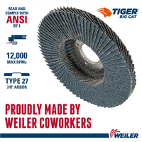 Weiler 4-1/2" Big Cat Abrasive Flap Disc, Flat (TY27), Phenolic Backing, 60Z, 7/8" Arbor Hole