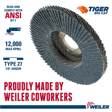 Weiler 4-1/2" Big Cat Abrasive Flap Disc, Flat (TY27), Phenolic Backing, 60Z, 7/8" Arbor Hole
