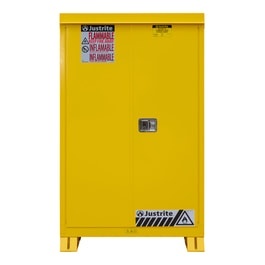 Justrite 45 Gallon, 2 Shelves, Self Close Doors, Outdoor Flammable Storage Cabinet, Yellow - 814520