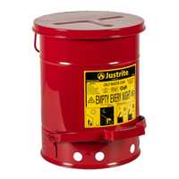 Justrite Oily Waste Can, 6 gallon, foot-operated self-closing cover.