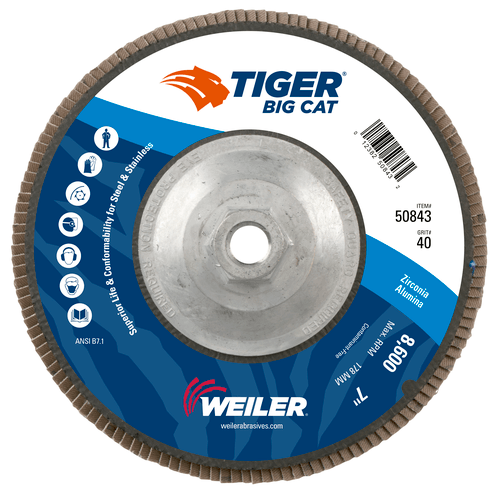 Weiler 7" Big Cat Abrasive Flap Disc, Flat (TY27), Phenolic Backing, 40Z, 5/8"-11 UNC Nut - Image 4