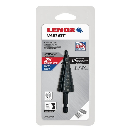 Lenox Vari-Bit Step Drill Bit #8 3/16 in to 7/8 in Cutting Diameter 12 Steps - Image 2