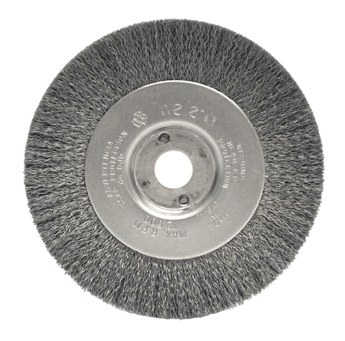 Weiler 4" Narrow Face Crimped Wire Wheel, .006" Stainless Steel Fill, 1/2"-3/8" Arbor Hole - Image 1