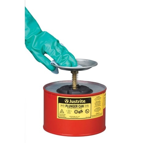 Justrite 2 Quart Steel Plunger Dispensing Can, Perforated Pan Screen Serves as Flame Arrester, Red - 10208 - Image 2