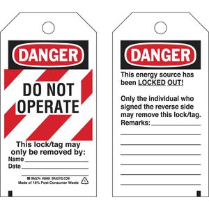 Brady DANGER Do Not Operate Energy Source Lockout Tagout Tags