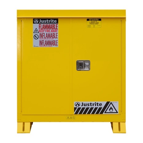 Justrite 30 Gallon, 1 Shelf, Self Close Doors, Outdoor Flammable Storage Cabinet, Yellow - 813020