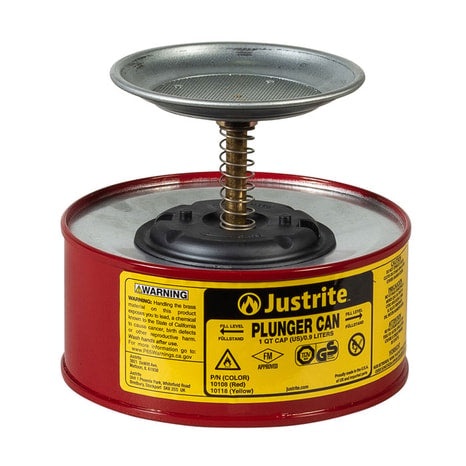 Justrite 1 Quart Steel Plunger Dispensing Can, Perforated Pan Screen Serves as Flame Arrester, Red - 10108 - Image 1