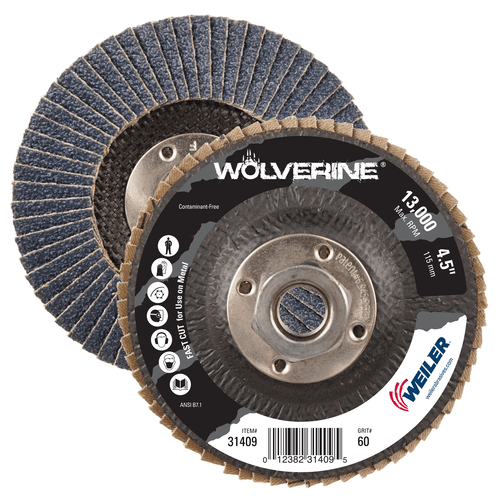 Weiler 4-1/2" Wolverine Abrasive Flap Disc, Flat (TY27), Phenolic Backing, 60Z, 5/8"-11 UNC Nut