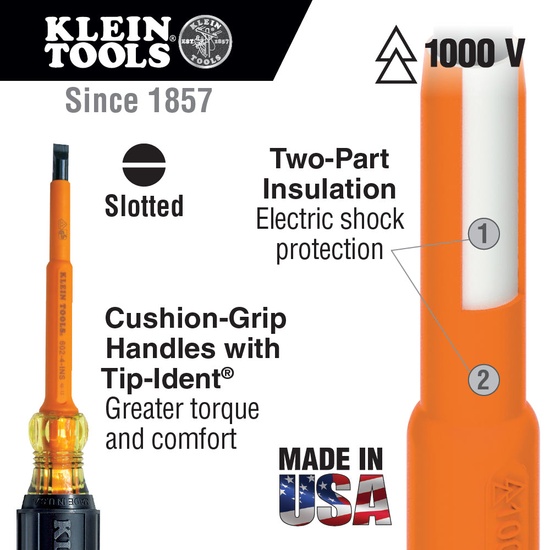 Klein Tools Insulated Screwdriver, 3/32-Inch Cabinet, 3-Inch Round Shank - Image 2